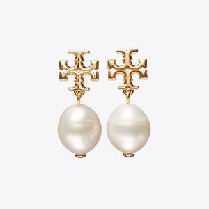 Tory Burch earrings logo gold pearl earrings